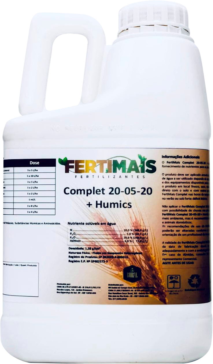 20.05.20 FERTIMAIS - Fertilizante Líquido Completo para Solo e Cobertura com Nitrogênio + Fósforo + Potássio + Humics  (5, 10 e 20 Litros)