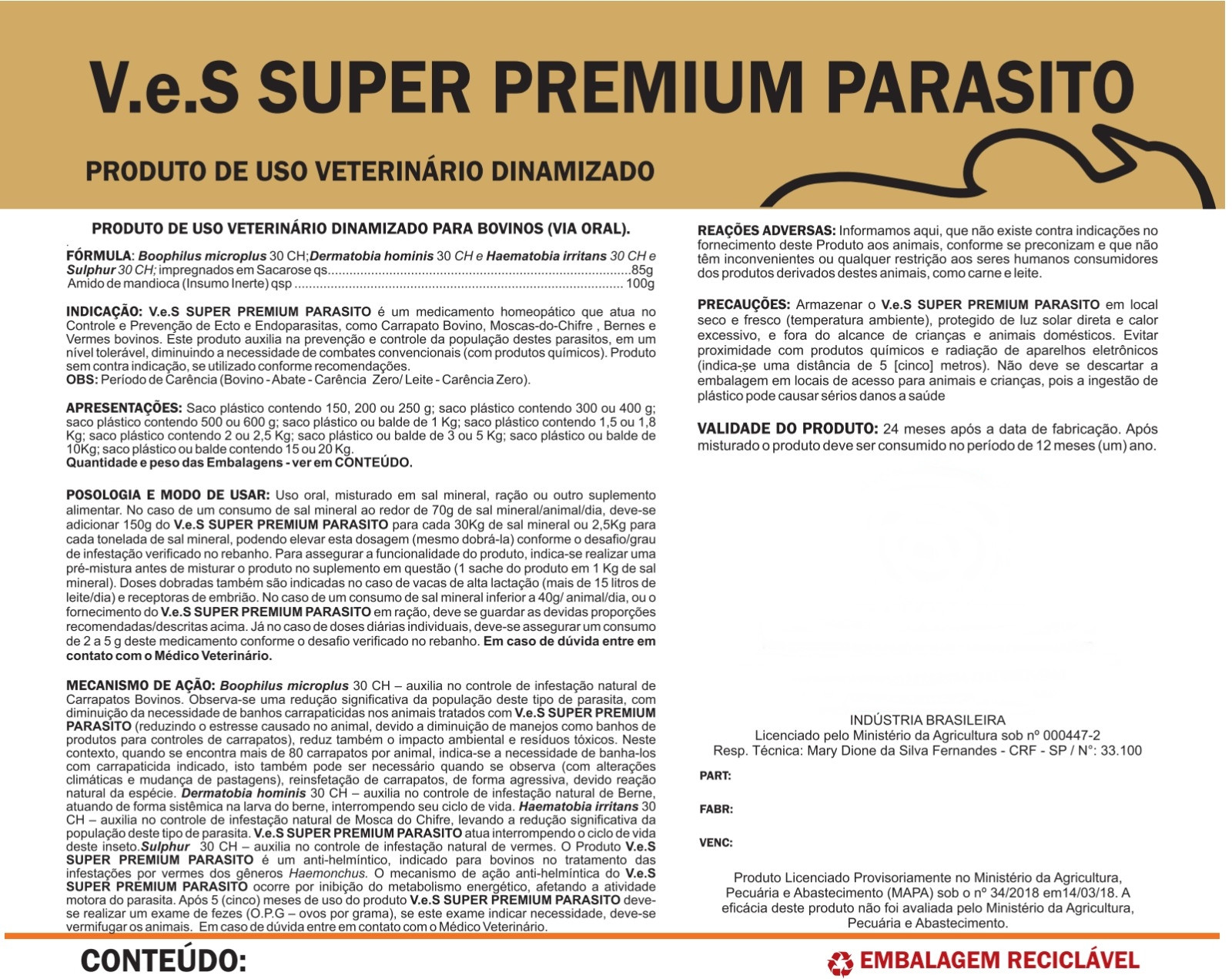 V.e.S Super Premium Parasito - Carapatecida Homeopático para Combate e Controle de Parasitas em Bovinos  (200 a 500 gr p/saco de Sal) 5Kg