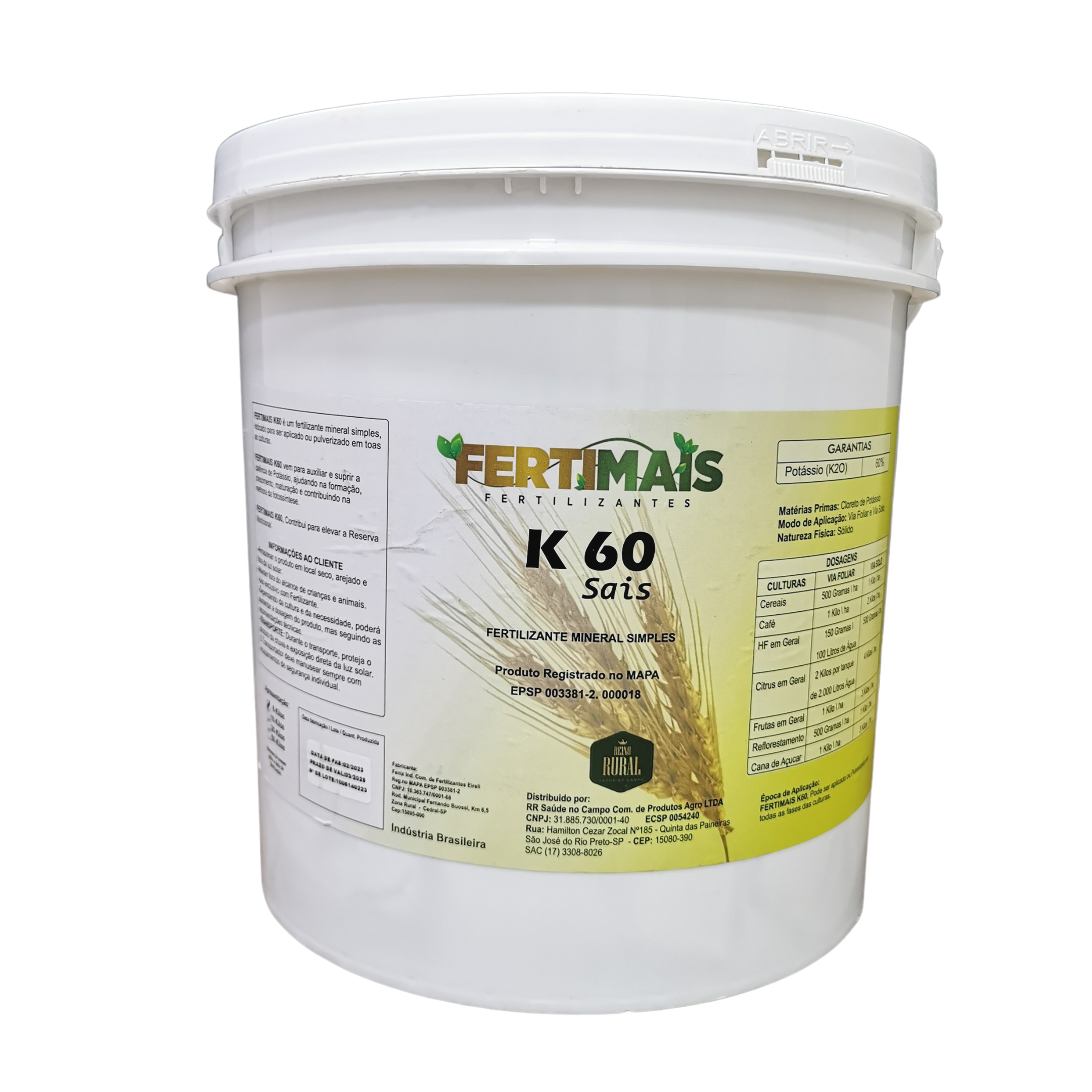 K60 FERTIMAIS - Fertilizante em SAIS Foliar mineral simples POTÁSSIO - solúvel em água - Cloreto de Potássio 6 kg