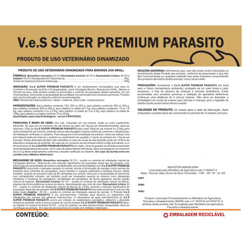 V.e.S Super Premium Parasito - Carapatecida Homeopático para Combate e Controle de Parasitas em Bovinos  (200 a 500 gr p/saco de Sal) 5Kg