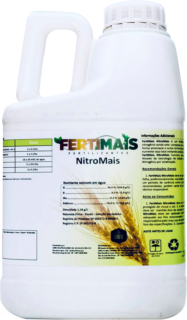 NITROMAIS FERTIMAIS - Fertilizante Líquido mineral Foliar = Nitrogênio + Boro + Molibdênio  Alta Eficiência Nitrogenada: Absorção Máxima e Menos Perdas 5L